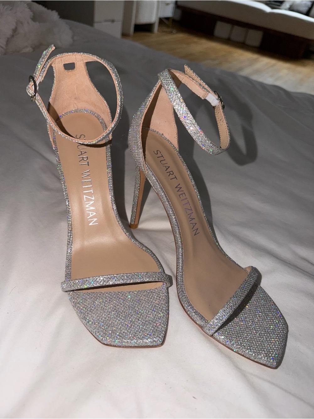 Stuart Weitzman Silver Glitter Ankle-Strap Stiletto Sandals